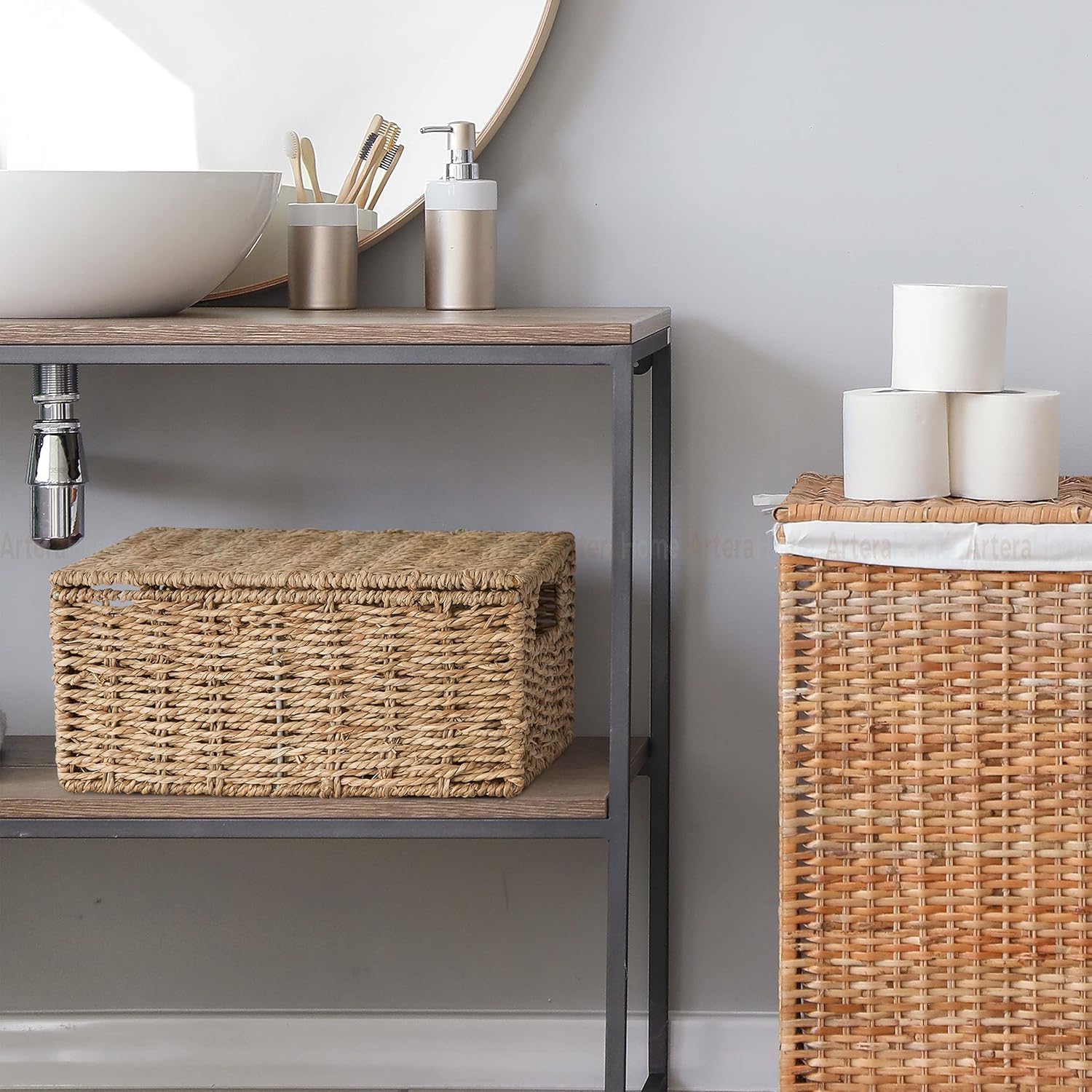 Artera Wicker Storage Basket - Set of 3 Woven Seagrass Baskets with Lid and Handle for Organizing, Large Rectangular Natural Nesting Storage Bins for Bedroom, Bathroom, Laundry Room (Set of 4) Pack of 2