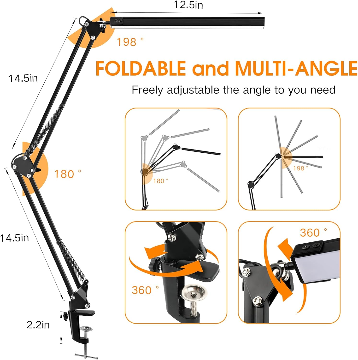 LED Desk Lamp, ENOCH 14W Eye-Caring Metal Swing Arm Desk Lamp with Clamp, 3 Modes, 30 Brightness Dimmable Clamp Desk Light with Memory Function/USB Adapter, Architect Table Desk Lamps for Home Office