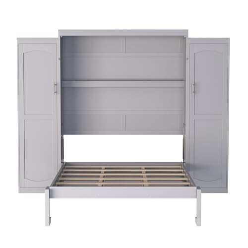 KLMM Wooden Murphy Bed Wall Bed with 2 Wardrobe and Storage Shelf,Foldable Platform Bedframe for Guest-Room Bedroom Study Office Use (White#E, Full)