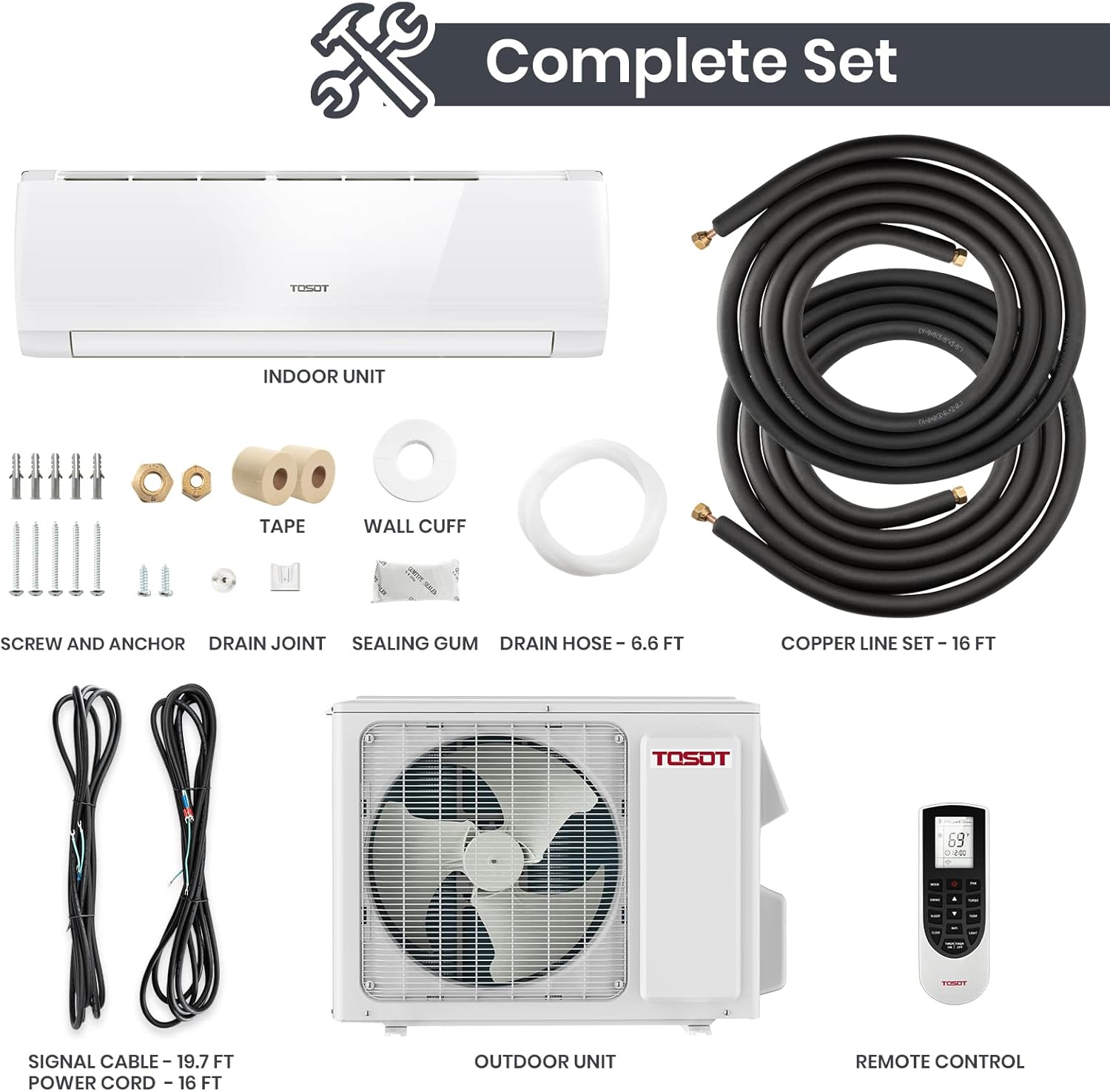 TOSOT 12,000 BTU Ductless Mini-Split Air Conditioner, Inverter Split AC System Heat Pump, Full Set with 16.5 Ft. Pre-Charged Installation Kit - 20 SEER 230V