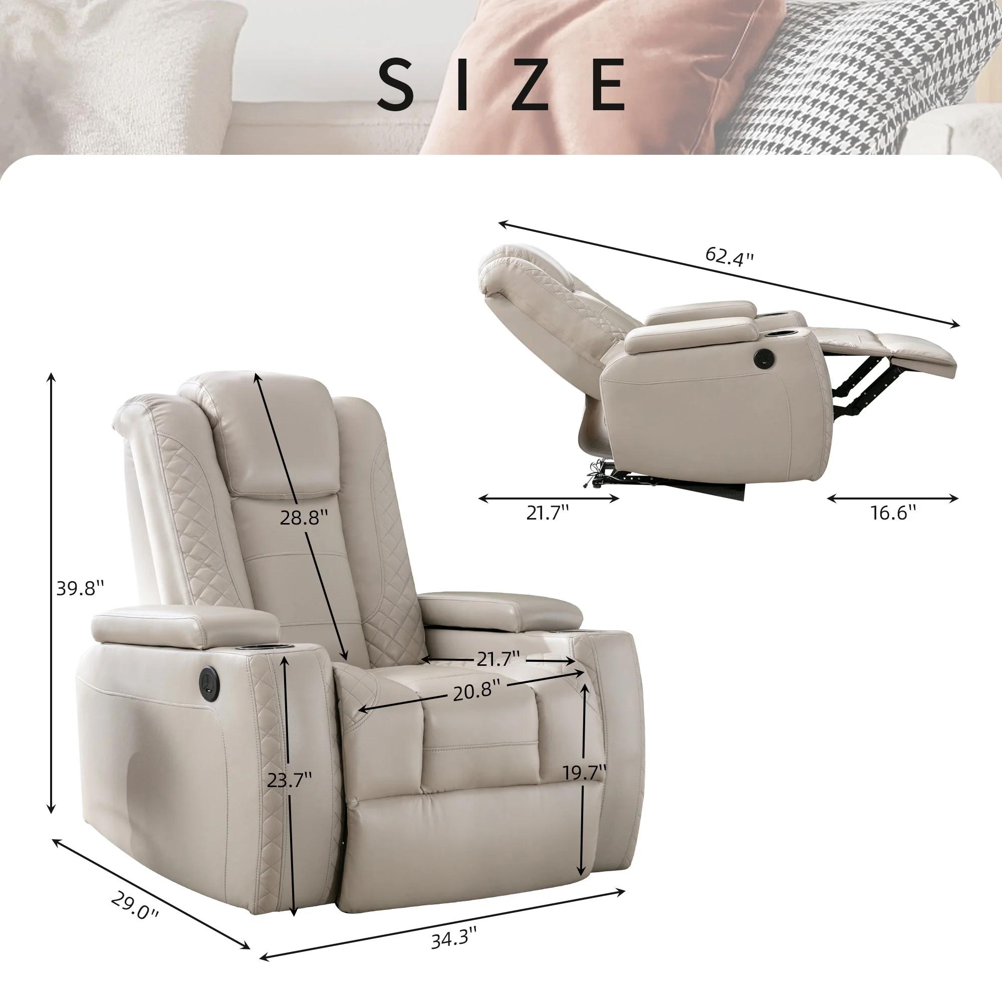 Kbest Power Recliner Chair with Cup Holders and Hidden Arm Storage Leather Home Theater Recliner with with USB Ports