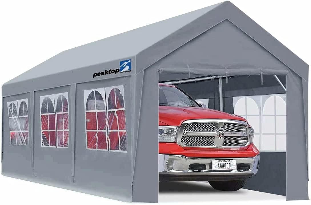 PEAKTOP OUTDOOR 10 x 20 ft Upgraded Heavy Duty Carport Car Canopy with Removable Sidewalls, Portable Garage Tent Boat Shelter with Reinforced Triangular Beams and 4 Weight Bags,White