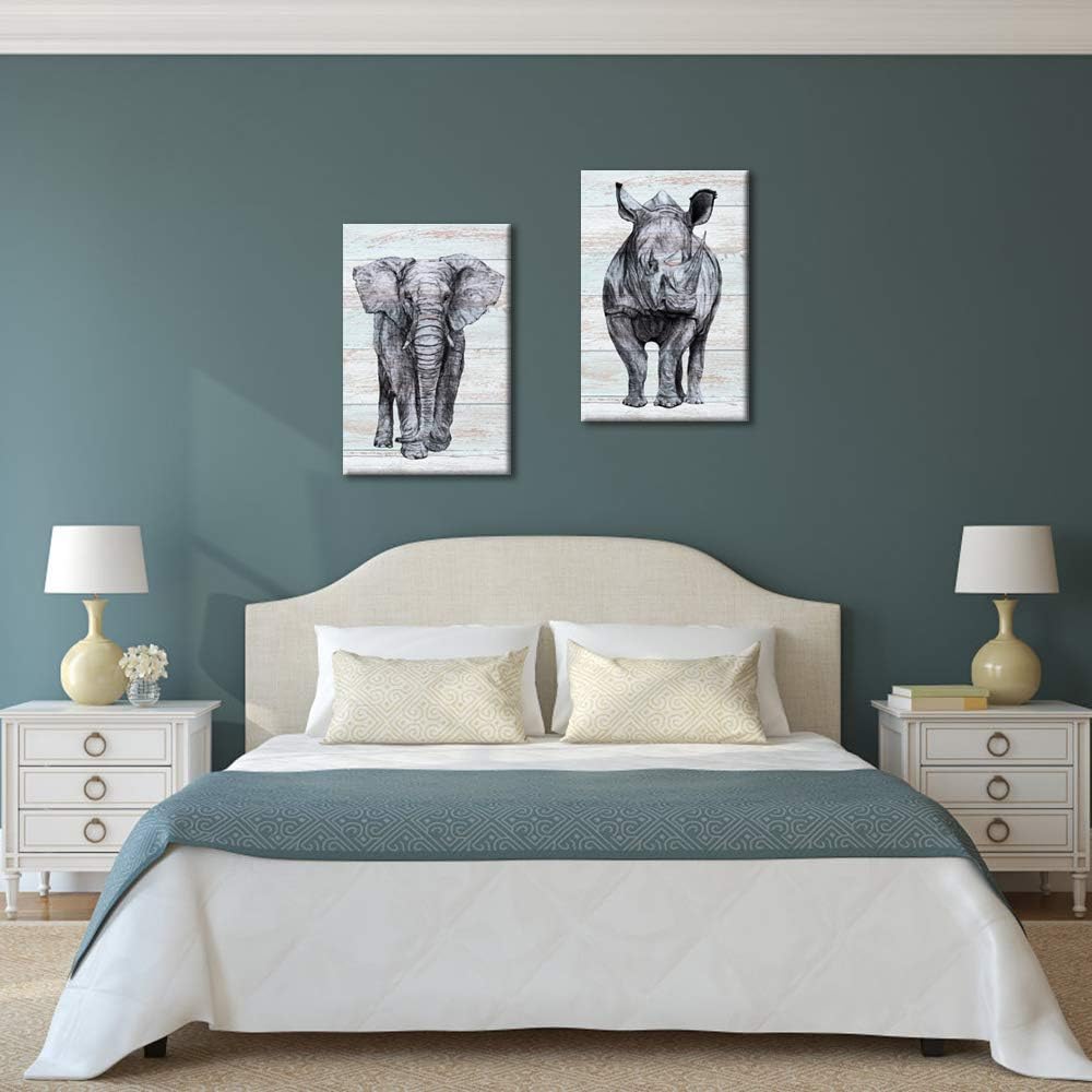 Artsbay 2 Pcs Animal Canvas Wall Art Decor Sketch of Rhino and Elephant Wildlife on Wooden Backdrop Pictures Painting Canvas Print Framed Modern Gallery Wrapped Home Decor for Home Living Room Bedroom