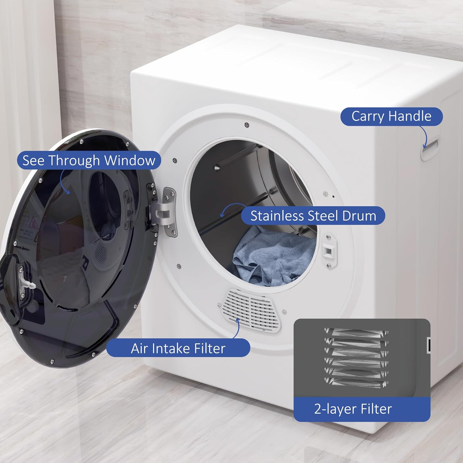 HOMCOM Portable Clothes Dryer, 120V 850W Compact Laundry Dryer with 1.5 cu.ft Stainless Steel Tub and 4 Drying Modes, 9 lbs Front Load Electric Dryer for Apartments Dorms RVs, White