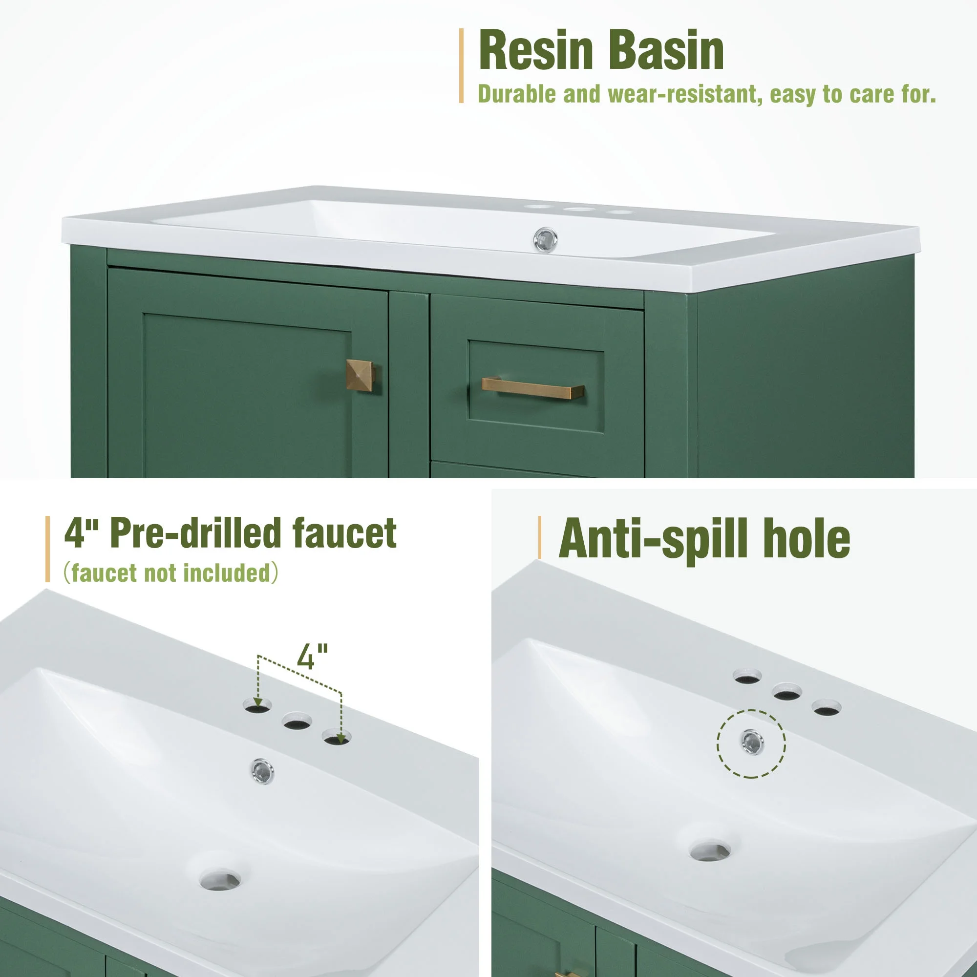 EUROCO 30" Modern Bathroom Vanity Cabinet Solid Wood with Top Basin,Bathroom Storage Cabinet with Soft Closing Door and 3 Drawers,Green