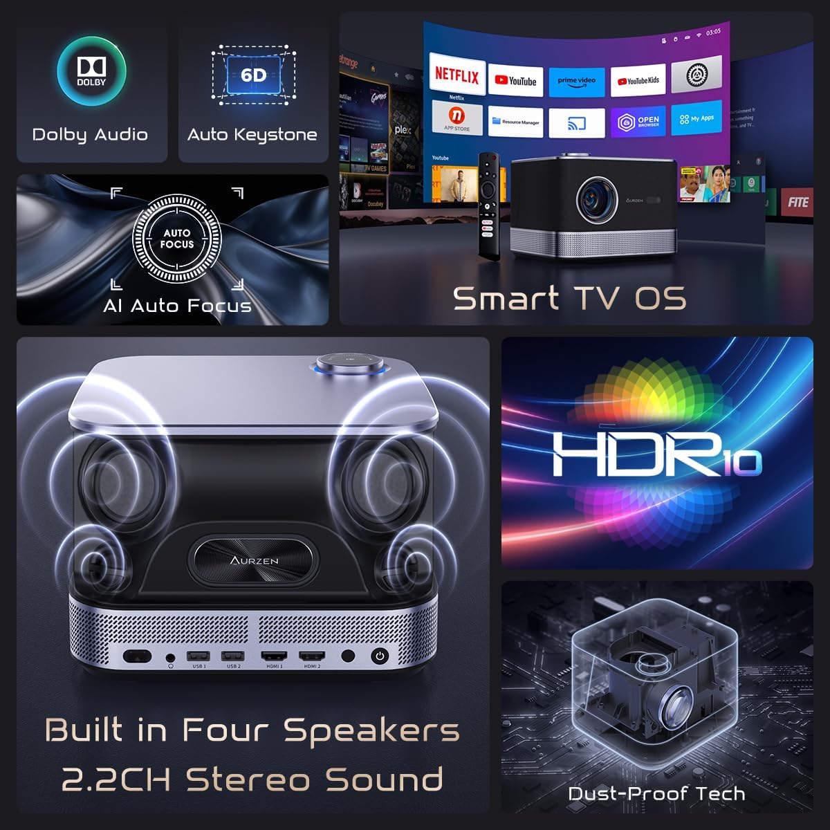 All-ln-One Projector 4K Supported, AURZEN BOOM 3 Smart Projector with WiFi and Bluetooth, 3D Stereo Sound & 36W Speakers, AI Auto Focus & Keystone, Netflix Official 500 ANSI Home Outdoor proyector