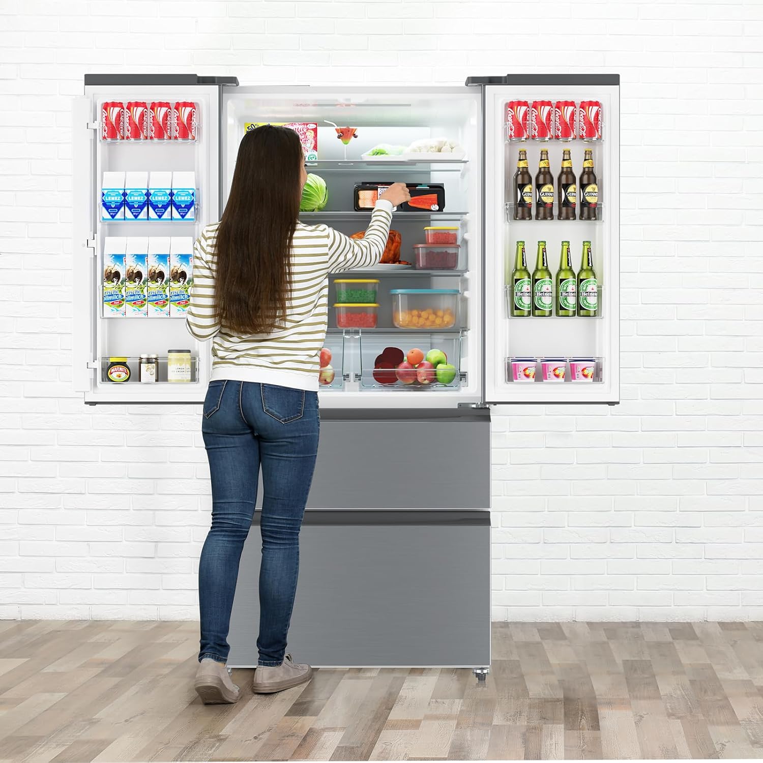 33 Inch Large Capacity French Door Refrigerator, 18.75 cu.ft Refrigerator with 2 Doors & 2 Drawers, Full Size Bottom Freezer Kitchen Fridge, Automatic Defrost, Dual Ice Maker, LED Lighting