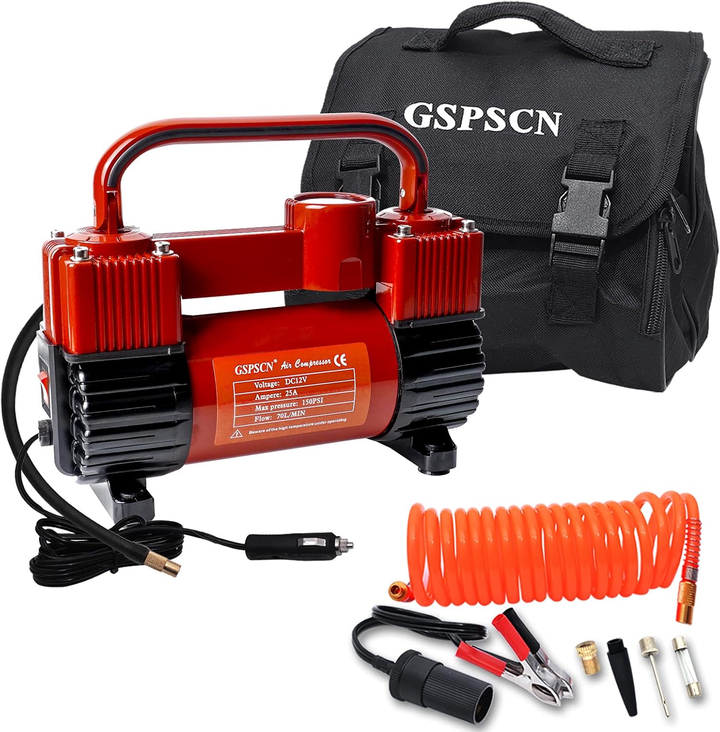 GSPSCN Silver Tire Inflator Heavy Duty Double Cylinders with Portable Bag, Metal 12V Air Compressor Pump 150PSI with Adapter for Car, Truck, SUV Tires, Dinghy, Air Bed etc