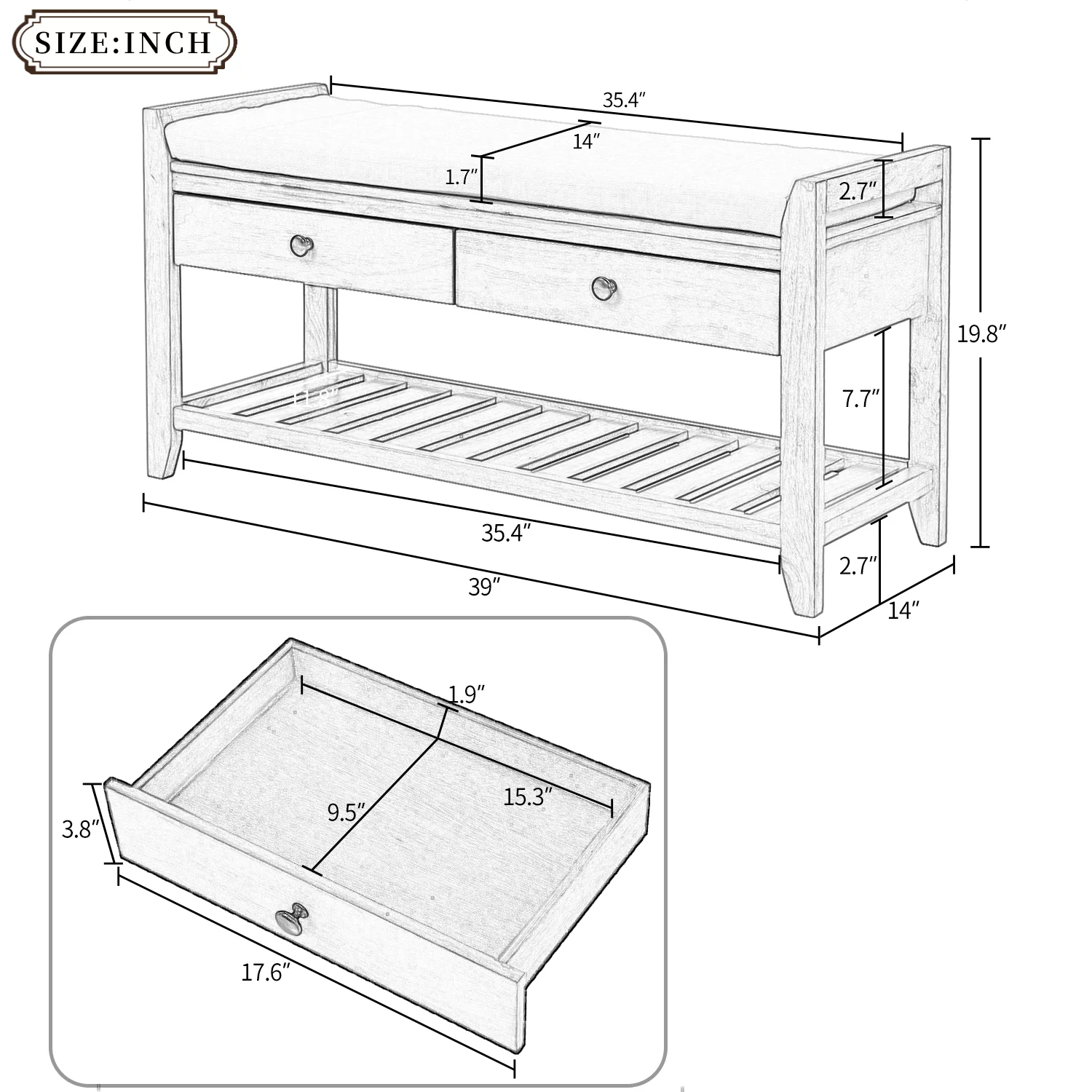 Shoe Rack with Cushioned Seat and Drawers, Multipurpose Entryway Storage Bench,White