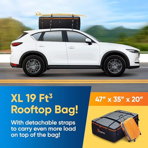 BagMate Military-Grade Waterproof Roof Bag - Rooftop Cargo Carrier – XXL 23 Cubic Feet. with 4 Door Hooks, Zipper/Buckle Closure, Extra Strap – Black Roof Bag for Cars with or Without Rack