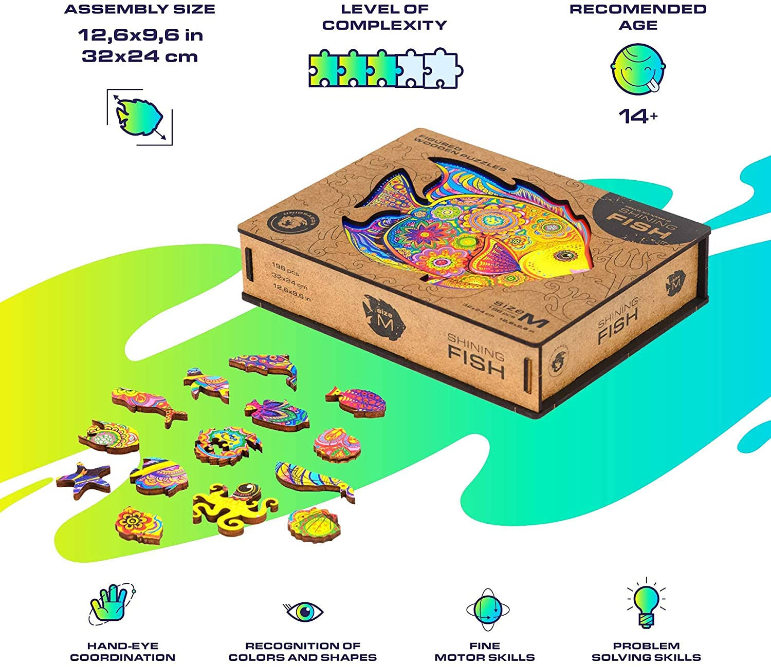 Unidragon Wooden Jigsaw Puzzle, Best Gift for Adults and Kids, Unique Shape Jigsaw Pieces Shining Fish, 12.6 x 9.6 in (32 x 24 c