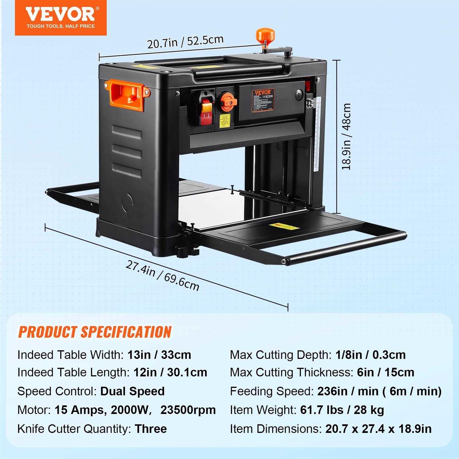 VEVOR Thickness Planer 13-Inch Two-Speed Three-Blade 15-Amp for woodworking - Shop Hardware Tools Online Store