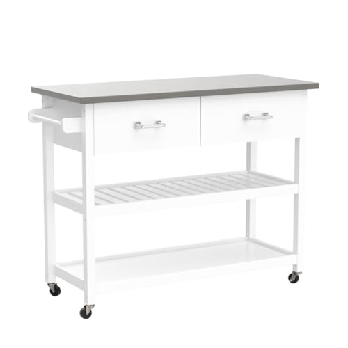 RASOO Kitchen Island Cart on Wheels Trolley White Stainless Steel Top Rolling Kitchen Island Cart with Open Shelves and One Big Drawer Towel Rack Kitchen Island Cabinet with Lockable wheels, 39.37"x18.5"x35.83"(LxWxH）