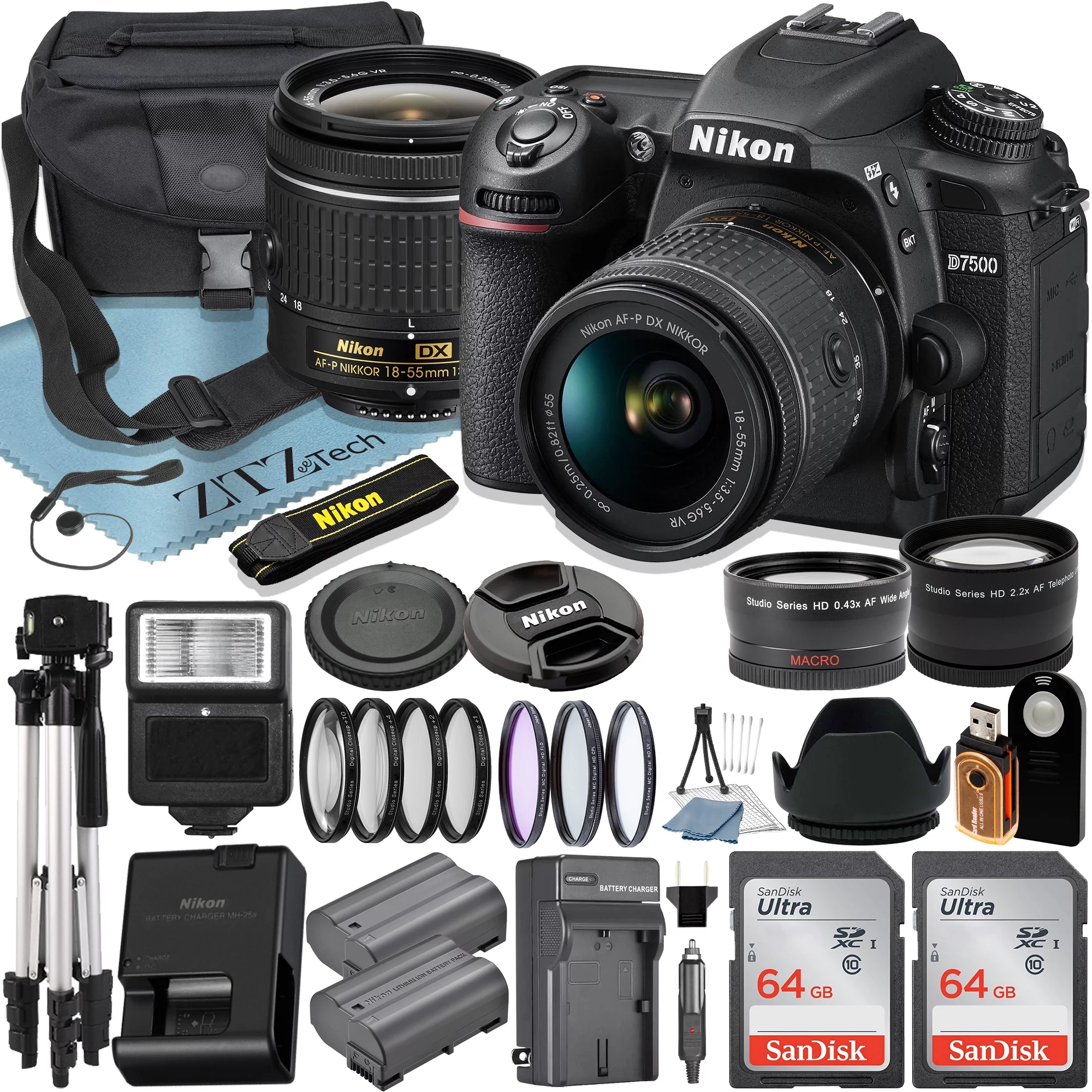 Nikon D7500 DSLR Camera with 18-55mm Lens + 2pcs SanDisk 64GB Memory Card + Case + Tripod + Wideangle + Telephoto + ZeeTech Accessory Bundle - Curated Treasures Market