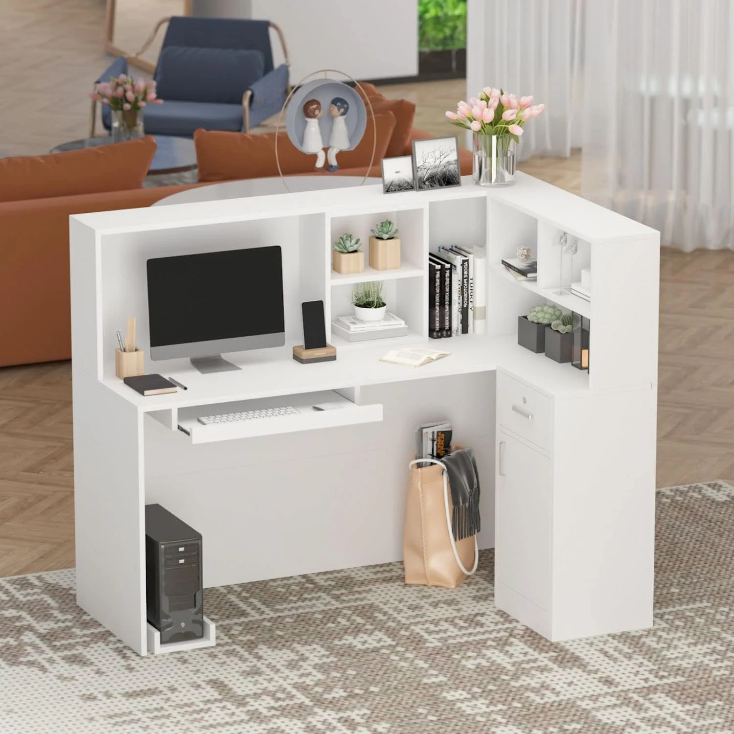 Modern Reception Desk Front Desk Reception Counter, Large Storage Shelves and Drawers, Retail Counter for Reception Room White