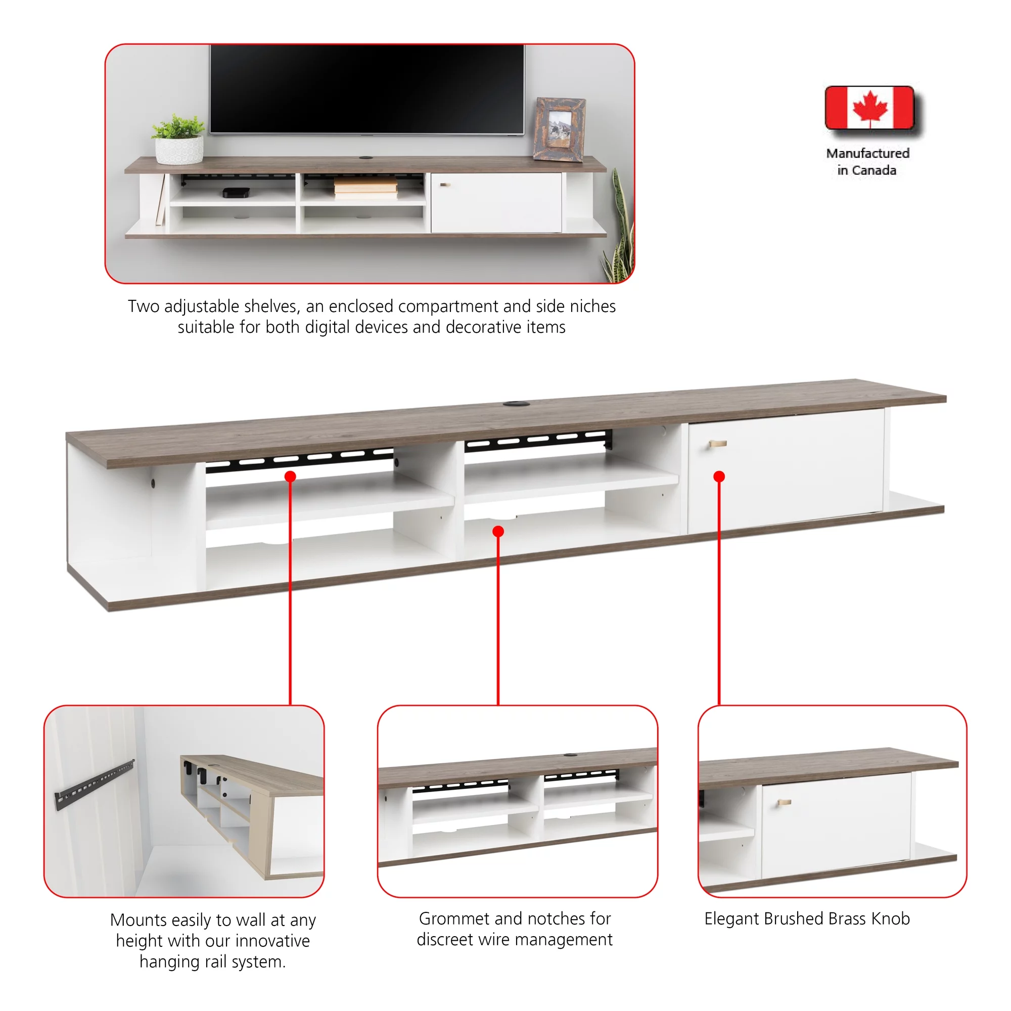 Prepac Wall Mounted Media Console with Door, White and Drifted Gray