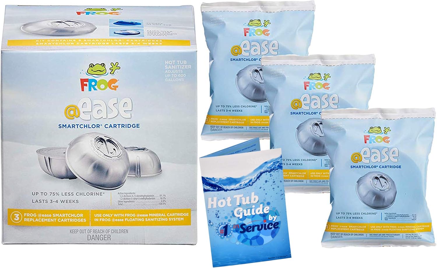 Frog @Ease Replacement SmartChlor Cartridges 3 Pack and Hot Tub Water Balance Guide