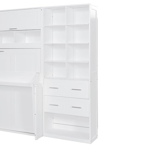 KLMM Wooden Murphy Bed Wall Bed with 2 Wardrobe and Storage Shelf,Foldable Platform Bedframe for Guest-Room Bedroom Study Office Use (White#E, Full)