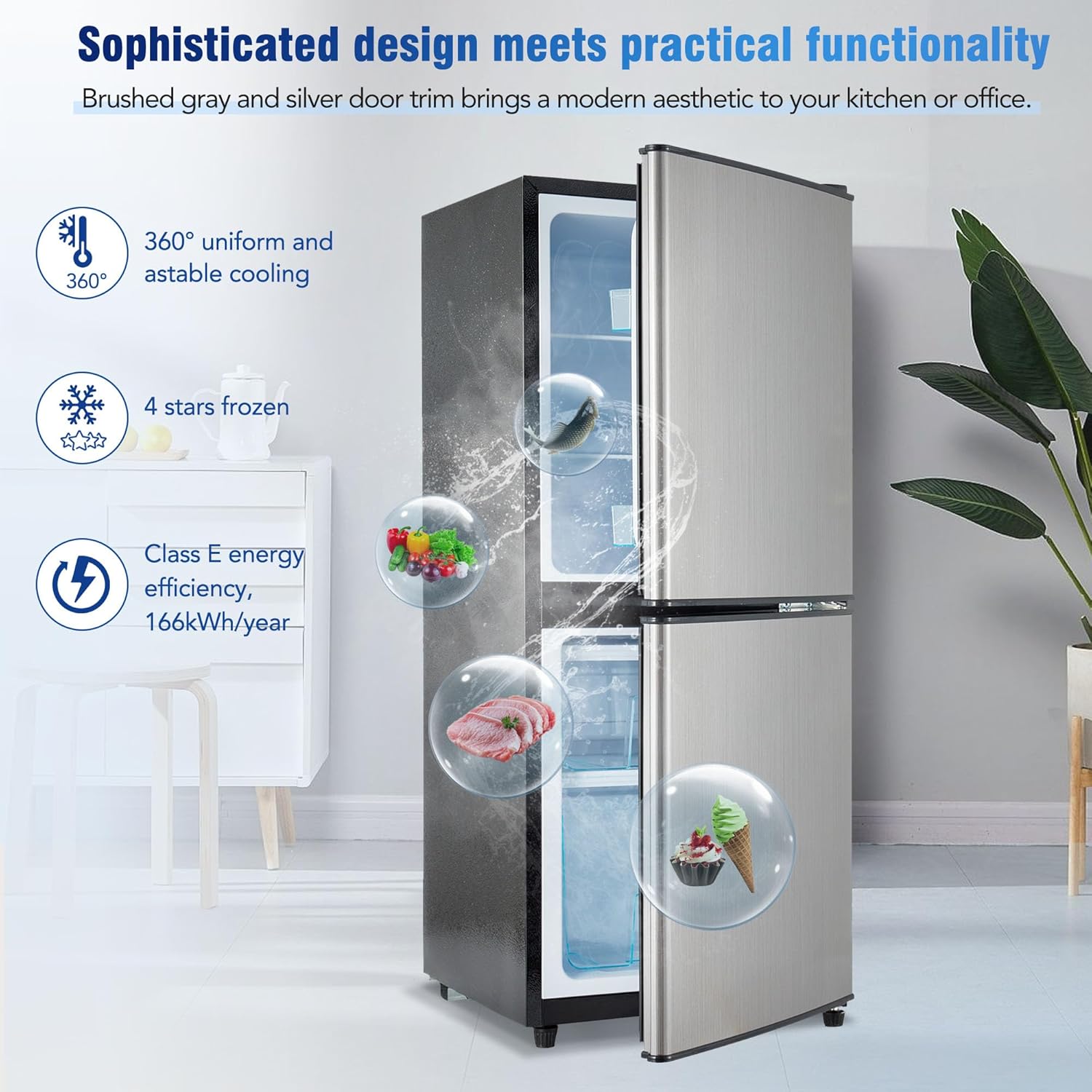 3.6Cu.Ft Refrigerator, Small Fridge with 2.2+1.4Cu.Ft 4 Star Freezer, Refrigerator with Double Door, LED Lighting, Adjustable Shelves, for Homes, Offices, Apartment, 16.73"×17.52"×40.16 "