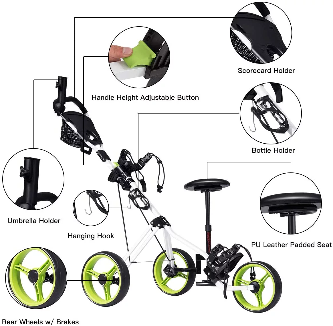Golf Push Pull Cart with Seat, Lightweight Foldable Collapsible 3 Wheels Golf Push Cart, Golf Trolley with Foot Brake, Adjustable Umbrella Holder & Seat, 4 Height Position Handle - Curated Treasures Market