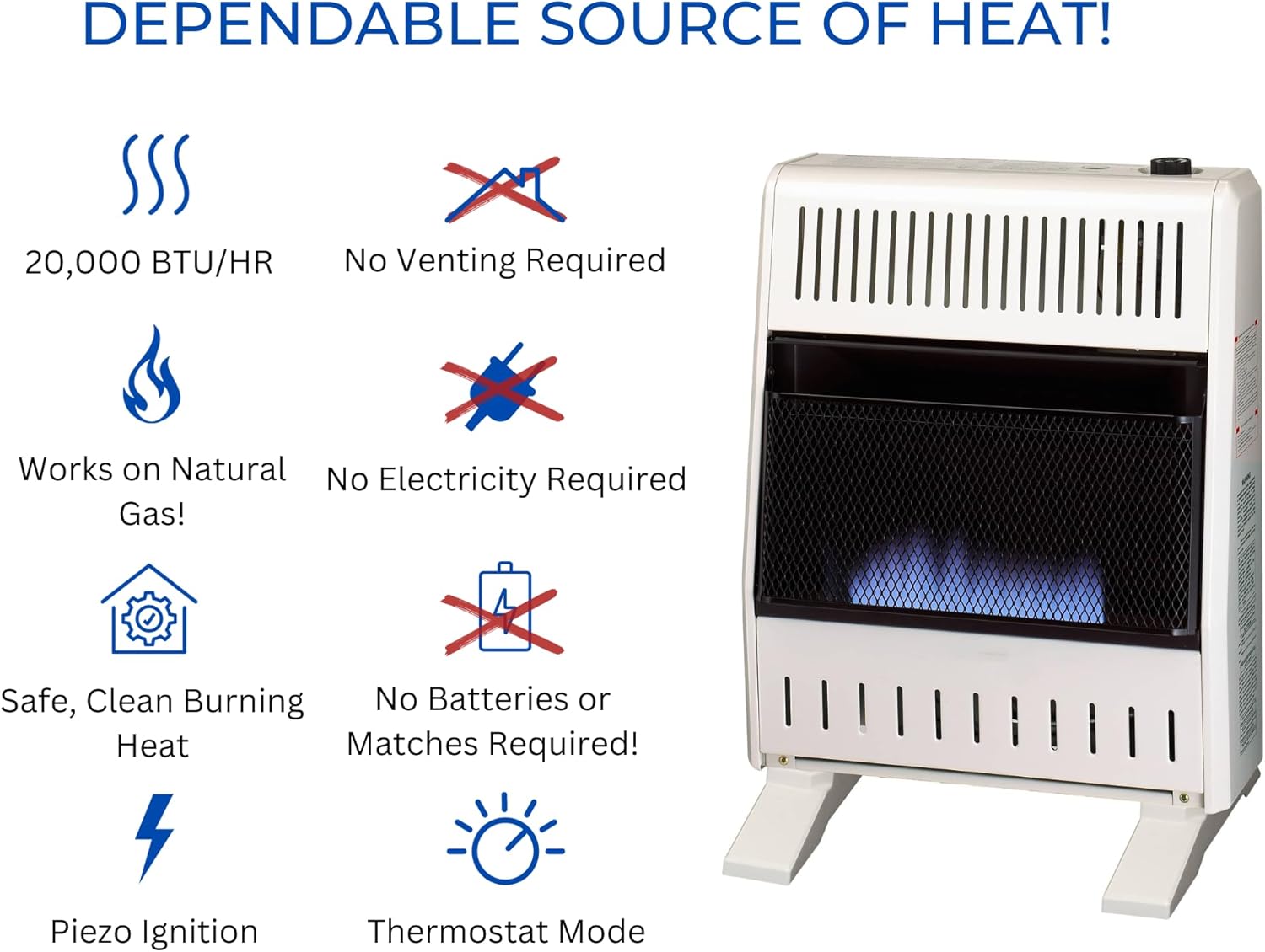 ProCom MN200TBA-B Ventless Natural Gas Blue Flame Space Heater with Thermostat Control for Home and Office Use, 20000 BTU, Heats Up to 950 Sq. Ft., Includes Wall Mount and Base Feet, White