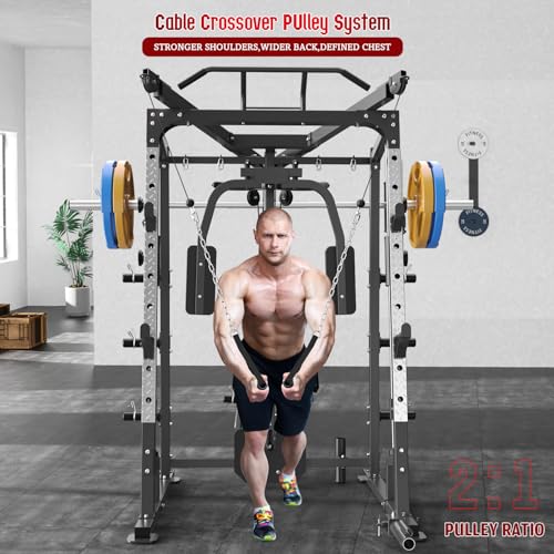 SunHome Smith Machine, 2000LBS Power Cage Squat Rack with Smith Bar, Two LAT Pull-Down Systems, Cable Crossover Machine and and More Cable Attachment for Home Gym