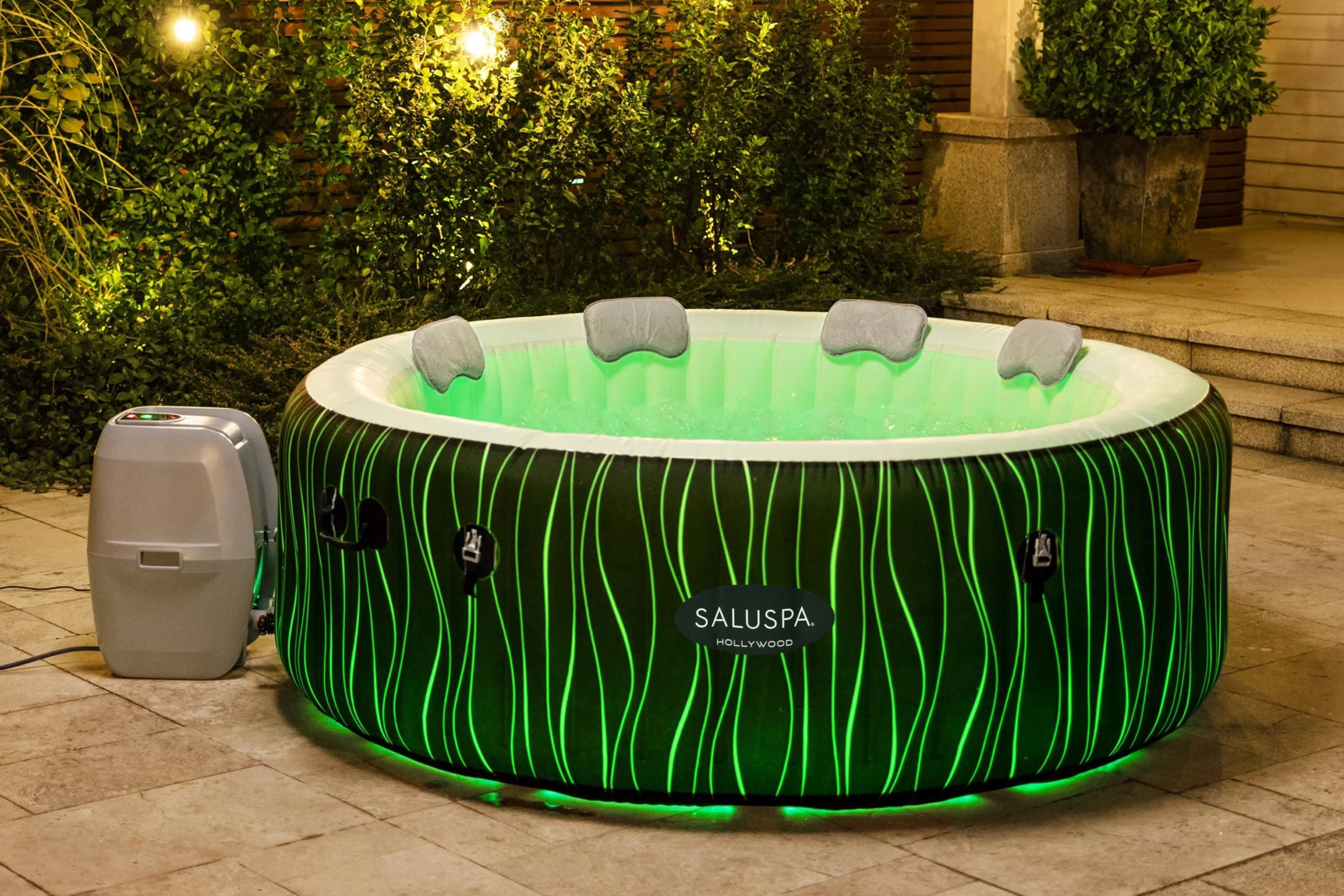 SaluSpa 77" x 26" Hollywood 240 Gal. Inflatable Hot Tub with LED Lights, 104˚F Max Temperature