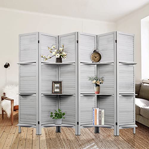 Room Divider with Shelves, Privacy Screen, Room Dividers and Folding Privacy Screens, 5 Panel Wood Temporary Wall Partition Separation Separator, Coconut