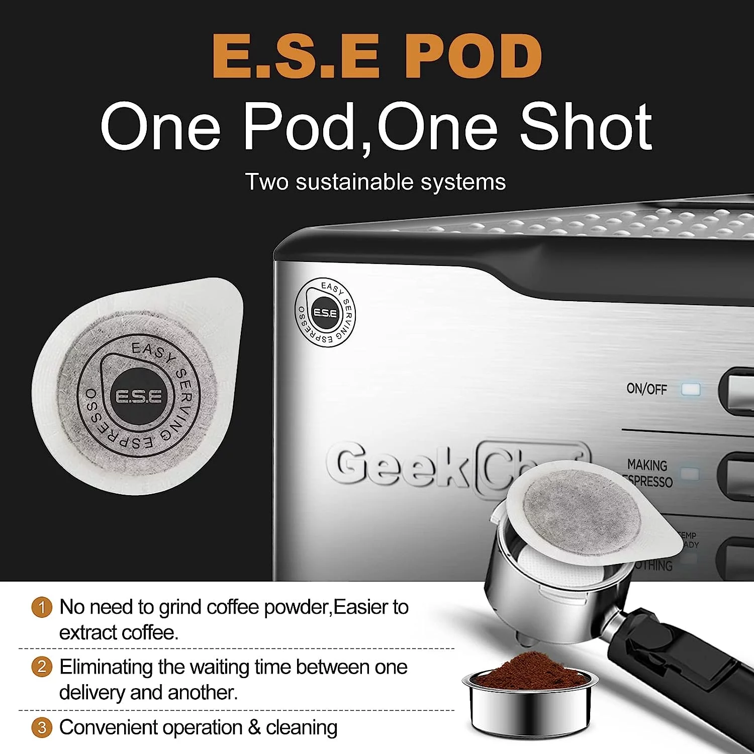 Geek Chef Espresso Machine 20 Bar, Cappuccino latte Maker Coffee Machine with ESE POD capsules filter&Milk Frother Steam Wand, 1.5L Water Tank, for Home Barista, Stainless steel 950W, Black