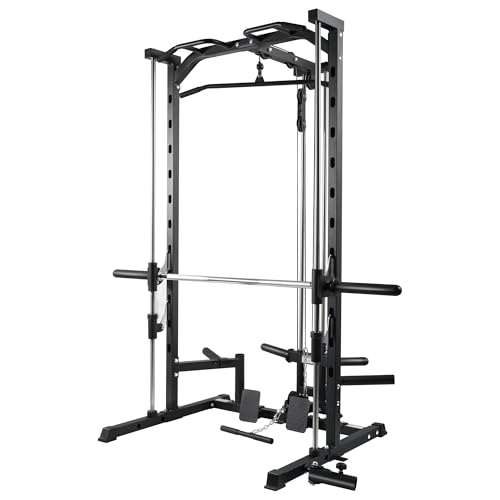 RitFit Smith Machine Power Rack with LAT-Pull Down System, Landmine, Barbell Bar, Plate Storage Pegs and More Training Attachment