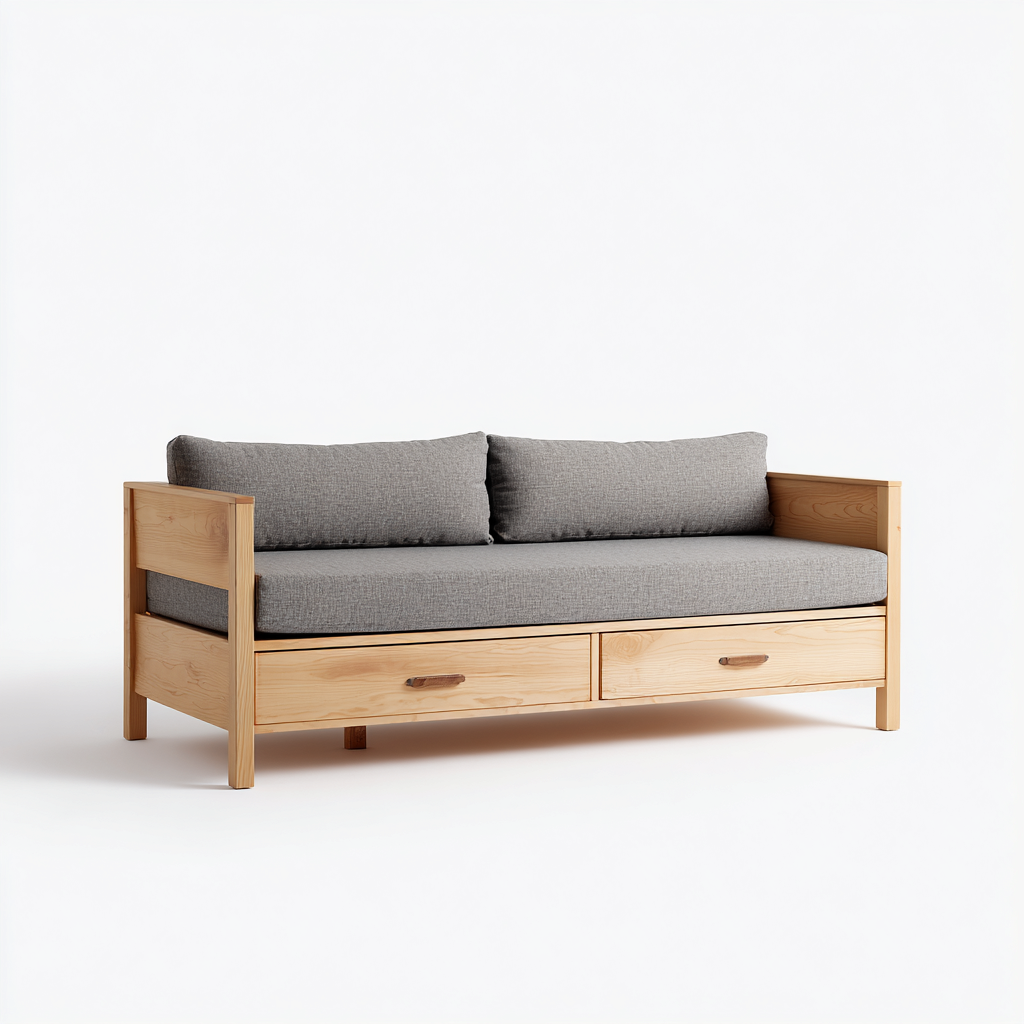 Sofás cama madera maciza con almacenaje 200x90x85 cm - madera natural-gris - diseño moderno para dormitorio-Javoraiahouse