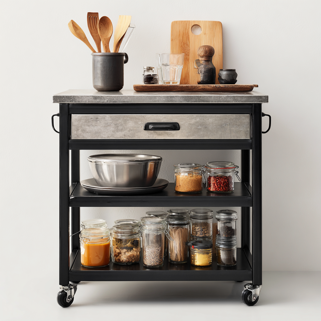 Isla de cocina metal y tablero efecto cemento 90x55x88 cm - negro-gris - diseño industrial-Javoraiahouse