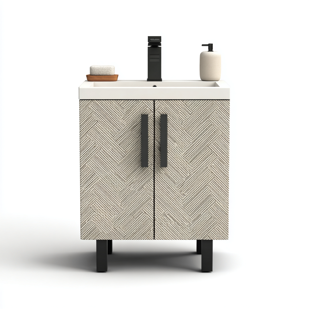 Muebles de baño con lavabo madera 70x42x82 cm - blanco-beige - diseño moderno con textura-Javoraiahouse
