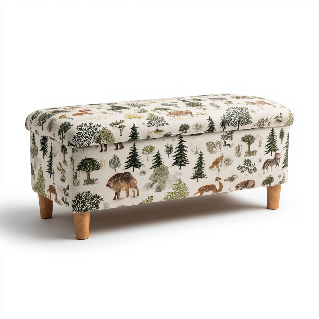 Bancos de dormitorio tapizados con estampado forestal 105x40x48 cm - beige-estampado forestal - con estructura de madera-Javoraiahouse
