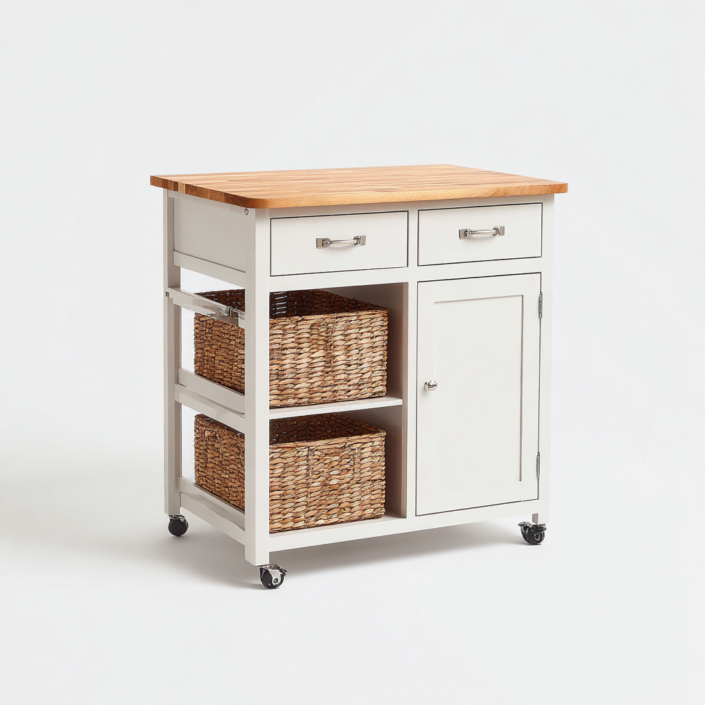 Isla de cocina con estructura de madera y encimera de madera maciza 90x55x90 cm - blanco-natural - diseño funcional-Javoraiahouse