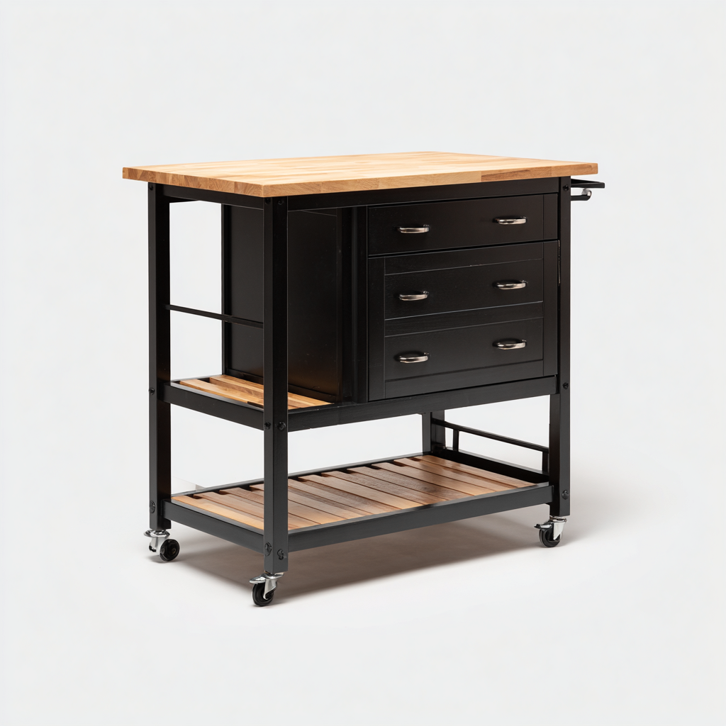 Isla de cocina madera-metal 100x60x90 cm negro y madera diseño moderno-Javoraiahouse