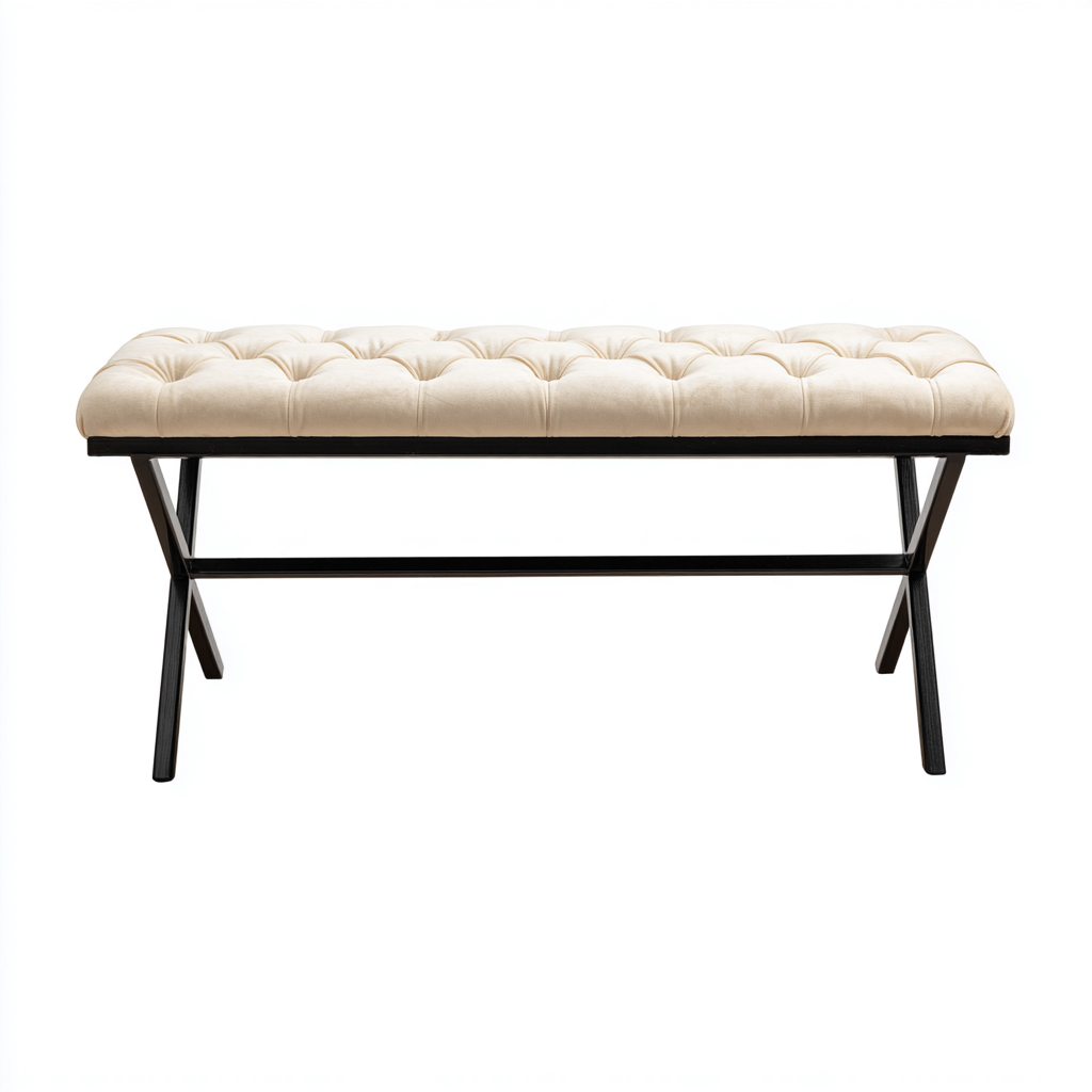 Bancos de dormitorio tapizados diseño moderno 108x40x48 cm - beige-negro - estructura metálica en forma de X-Javoraiahouse