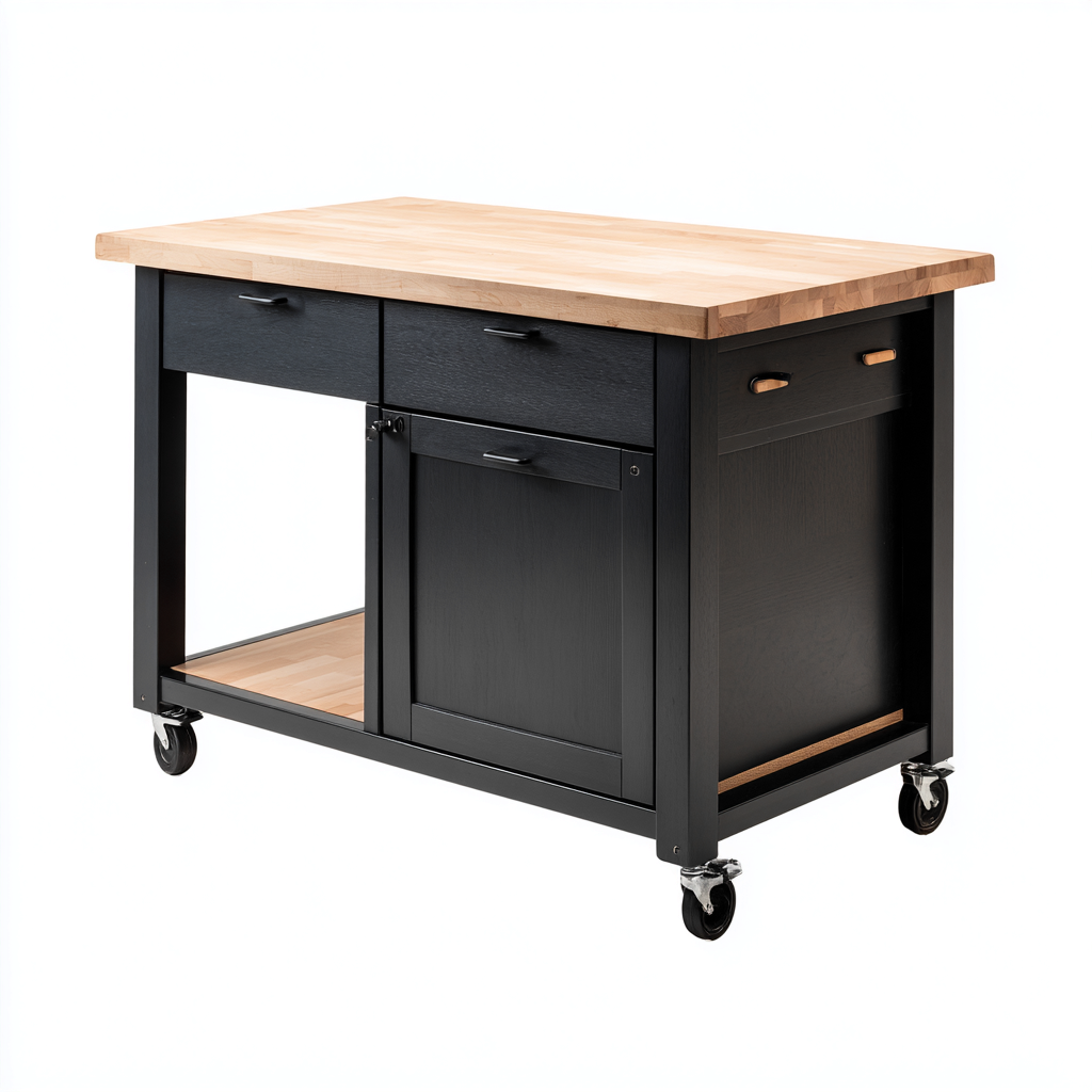 Isla de cocina de madera con encimera maciza 100x55x90 cm - negro-natural - diseño funcional-Javoraiahouse