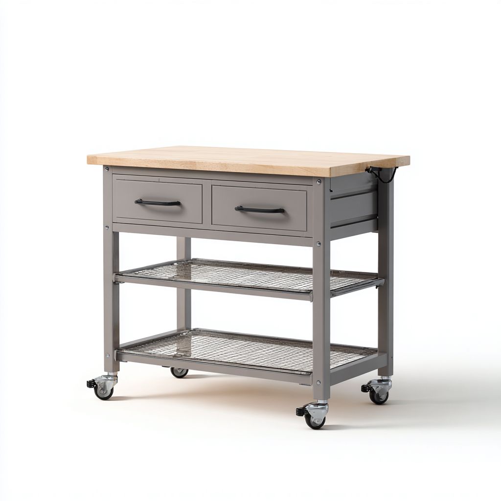 Isla de cocina metal madera 110x58x92 cm gris-madera - para cocina - diseño funcional-Javoraiahouse