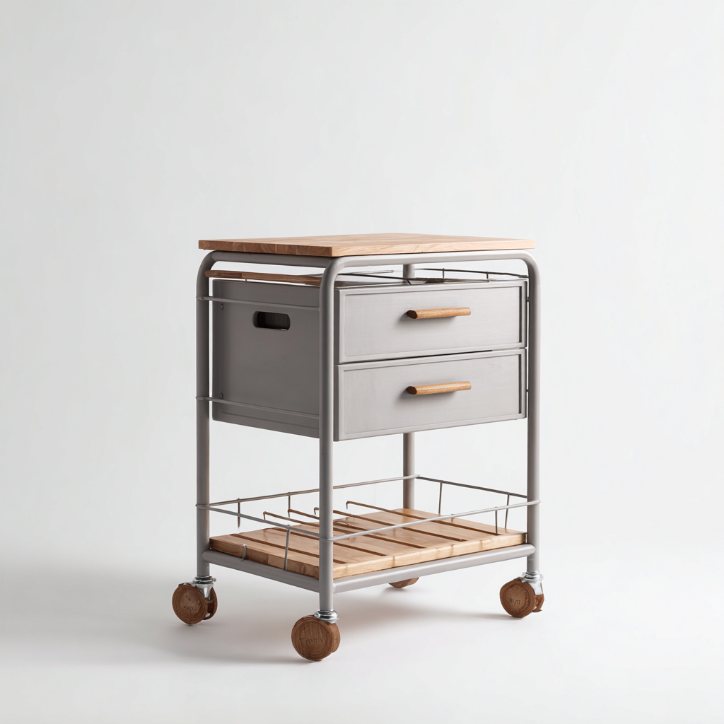 Isla de cocina metálica con cajones y encimera de madera 78x48x90 cm - gris-natural - diseño práctico-Javoraiahouse