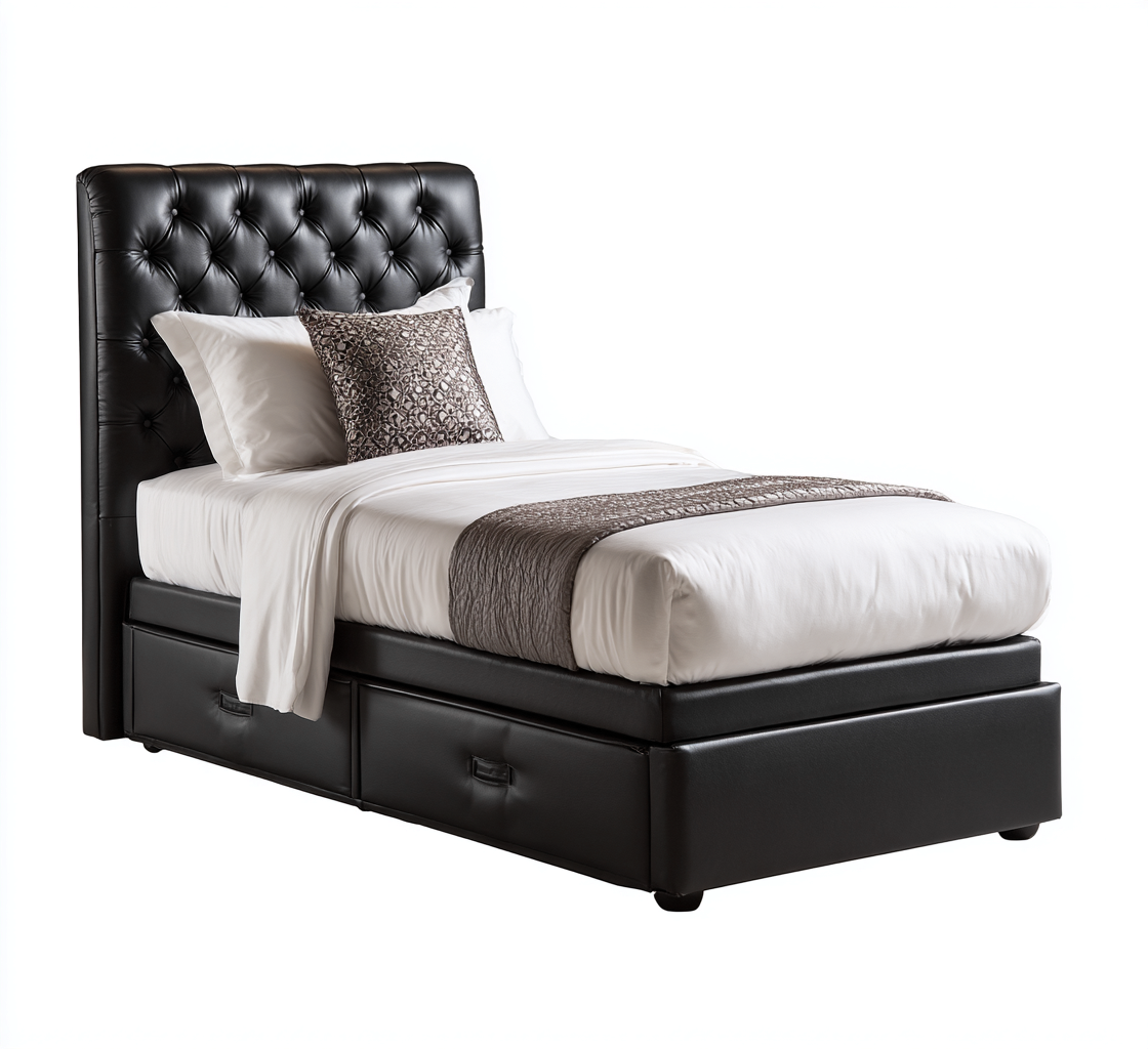 Cama individual piel acolchada 205x100x110 cm negro - diseño con almacenamiento para dormitorio-Javoraiahouse