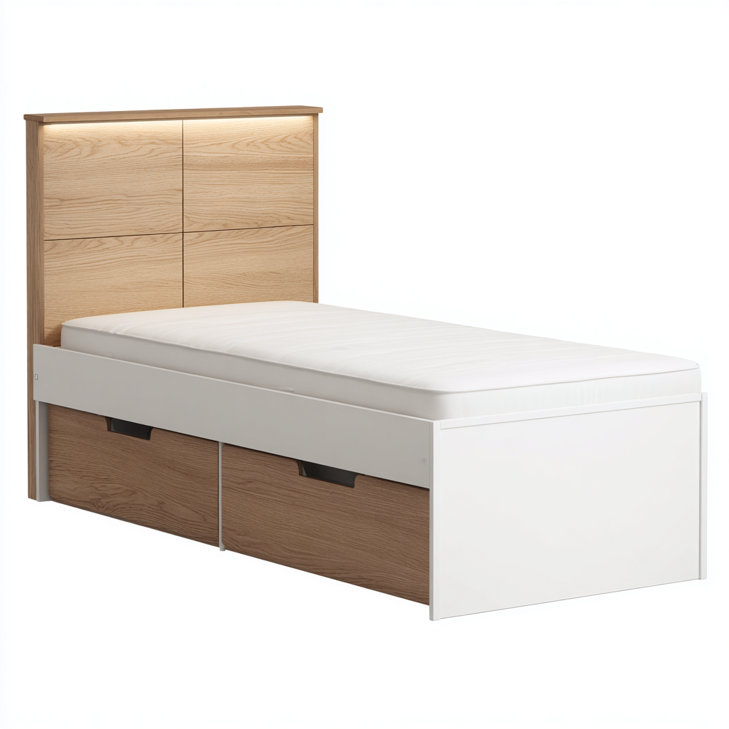 Cama individual madera 205x100x90 cm roble-blanco - diseño con almacenamiento para dormitorio-Javoraiahouse