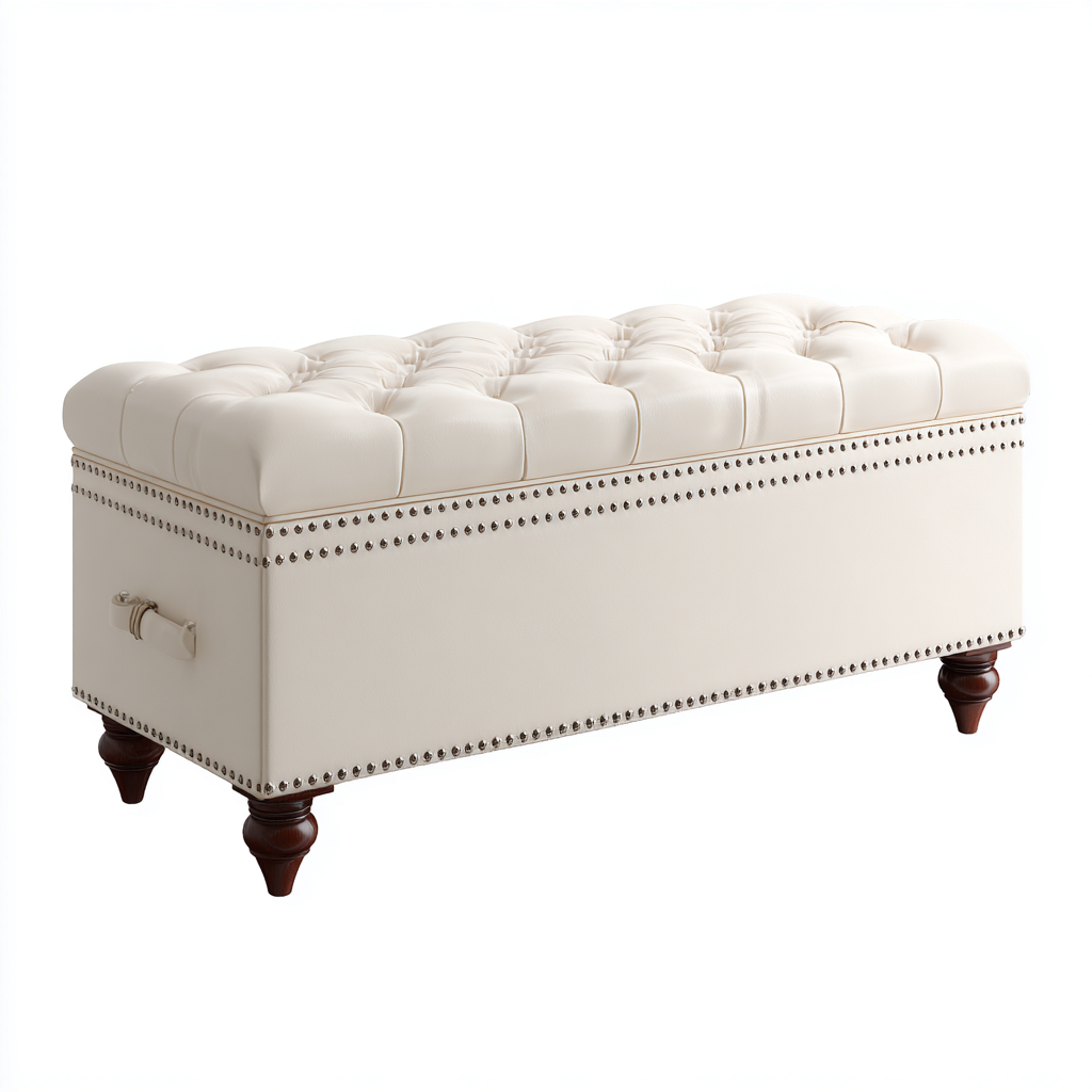 Banco de dormitorio piel acolchado 100x40x48 cm crema - diseño clásico con almacenamiento-Javoraiahouse