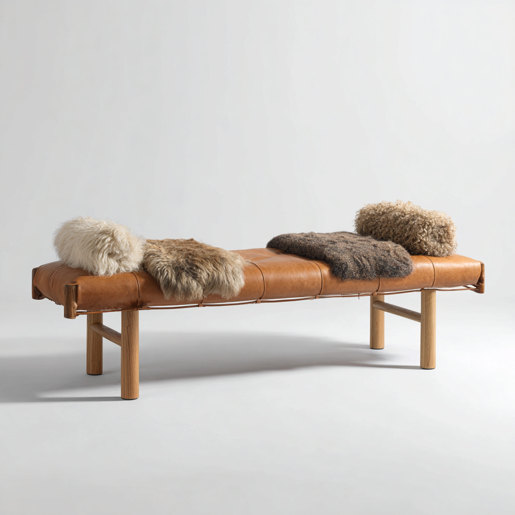 Banco de dormitorio cuero-madera 150x45x48 cm marrón diseño minimalista-Javoraiahouse