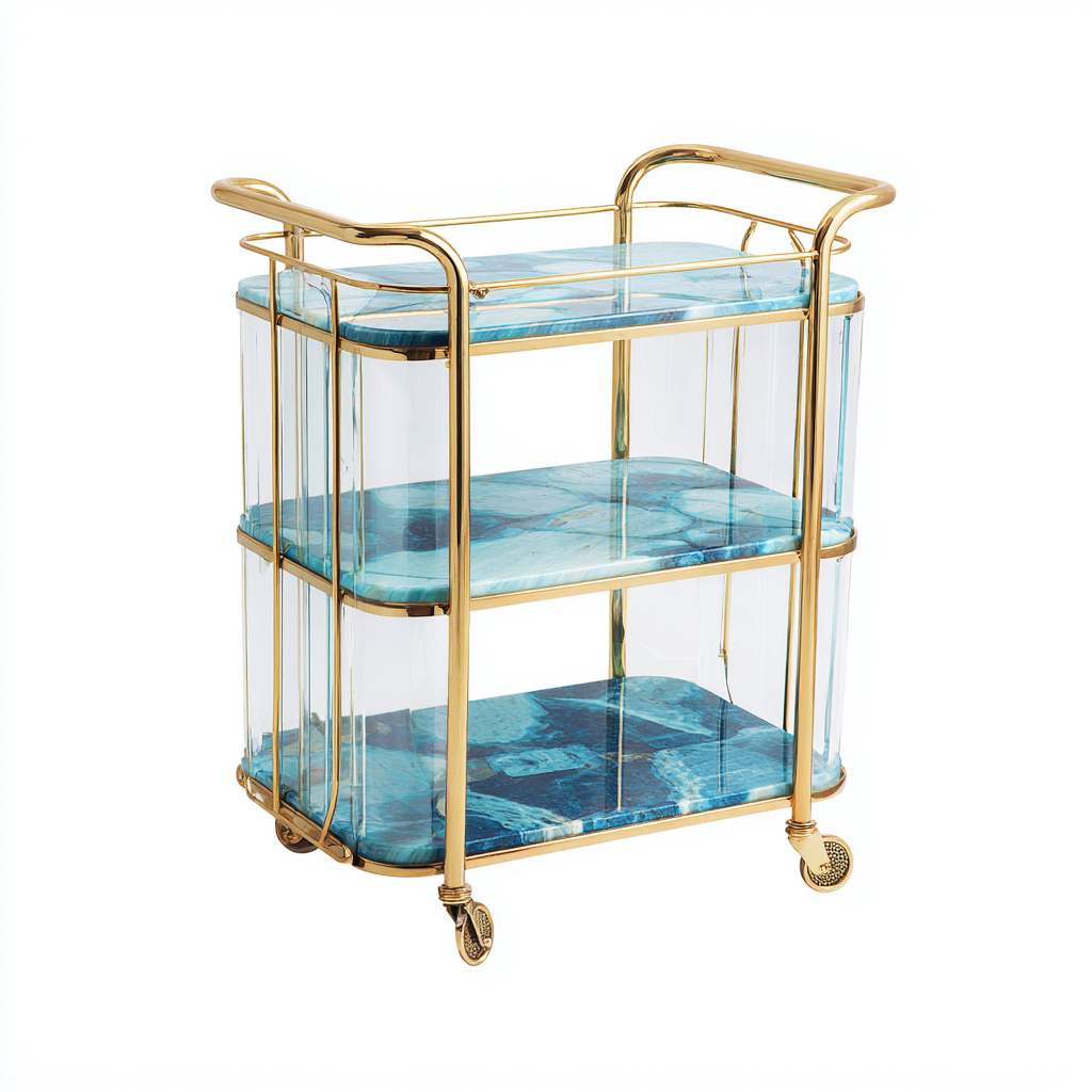 Carrito de cocina metal-mármol 70x40x90 cm azul-dorado diseño decorativo-Javoraiahouse