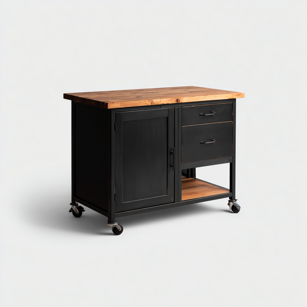 Isla de cocina metálica con encimera de madera maciza 95x55x90 cm - negro-natural - diseño industrial-Javoraiahouse
