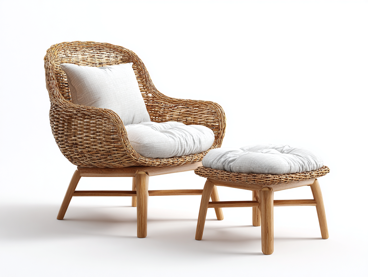 Sillones de ratán 90x82x92 cm - ratán marrón claro con reposapiés y tapizado blanco - diseño natural para salón-Hasoljahome