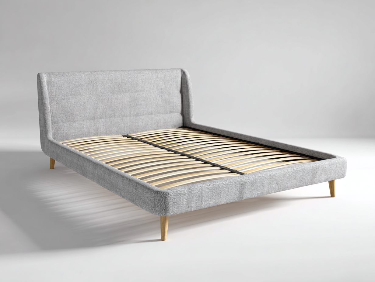 Camas dobles tapizada 213x171x102 cm - tela gris claro y patas de madera - diseño moderno con somier de lamas-Hasoljahome