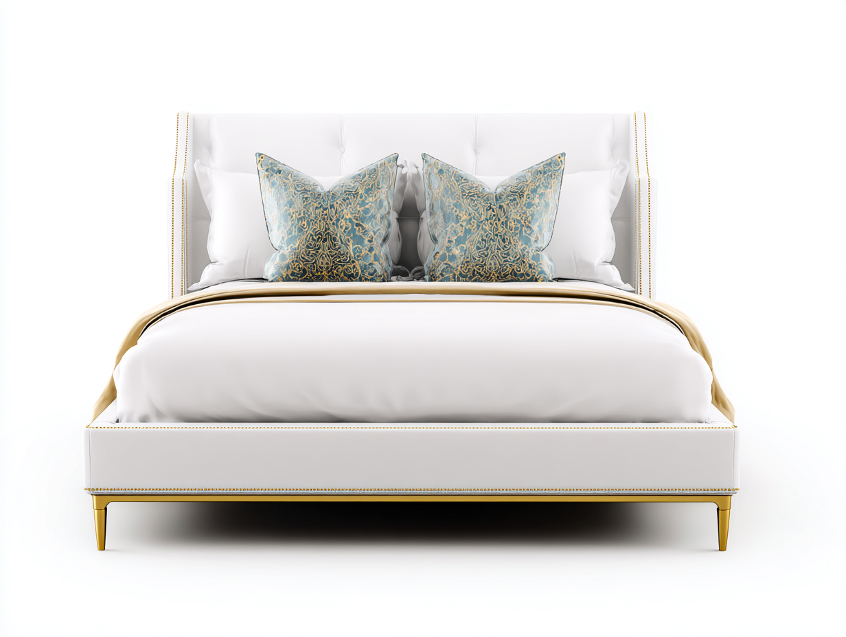 Camas dobles tapizada 200x180x118 cm - cuero sintético blanco con detalles dorados - diseño elegante para dormitorio-Hasoljahome