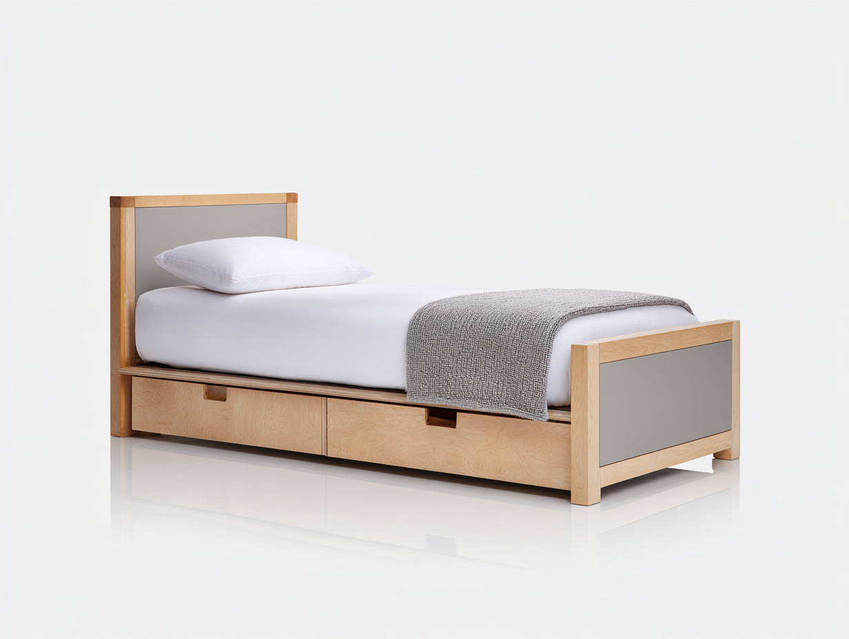Camas individuales 205x98x92 cm - madera natural y paneles grises - diseño moderno con almacenaje inferior-Hasoljahome